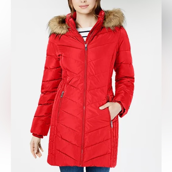 Tommy Hilfiger Chevron Faux-Fur Trim Hooded Puffer Coat NWOT - Picture 1 of 17